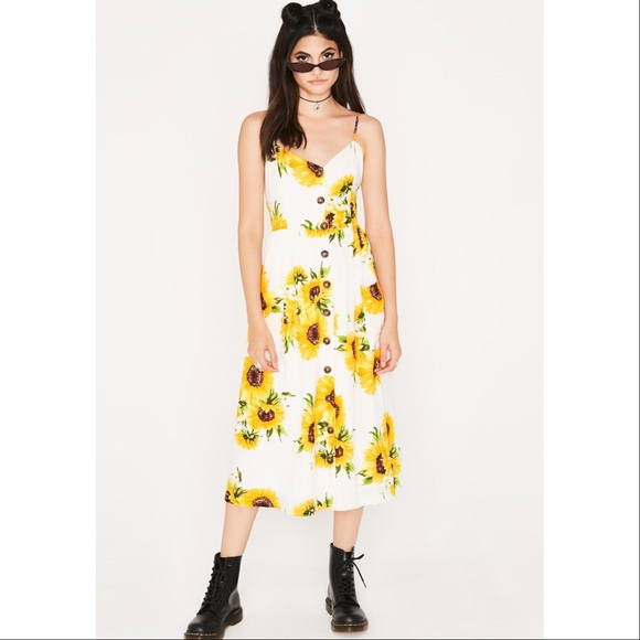 button sunflower print midi dress